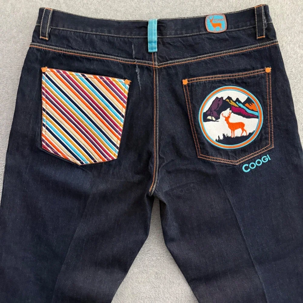 COOGI Mens Jeans 44x35 Dark Wash Embroidered Striped Pocket Baggy Straight Leg